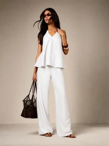 AiiRZ Linen Feel Wide Leg Trousers With Elastic Drawstring Waist, Relaxed Fit, Summer Beach Vacation Pants - White - View 3