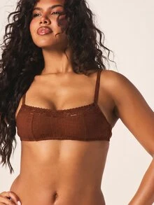 MISSGUIDED Linen Look Bralette With Floral Lace Trim, Adjustable Straps, Square Neckline, Hook Closure - Chocolate Brown - View 4