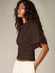 AiiRZ Ruched Cinched Crop T-Shirt With Short Sleeves Round Neck Casual Summer Everyday Top - Brown - View 4
