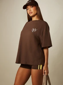 MISSGUIDED 寬鬆版 NYC 紐約市運動圖案印花圓領短袖 T 恤休閒日常上衣 - 咖啡棕 - 查看 2