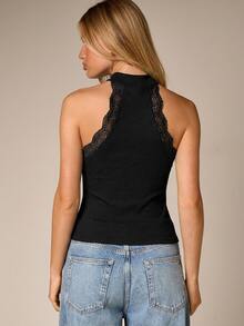 AiiRZ Lace Trim Racer Neck Ribbed Tank Top Sleeveless Halter Cami Fitted Elegant Party Summer Top - Black - View 2