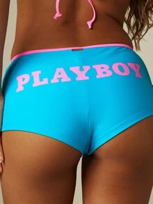 Missguided x Playboy 比基尼套裝 三角掛脖上衣與男孩短褲下裝，印有標誌圖案與繫帶細節，夏季海灘泳裝 - 彩色 - 查看 6