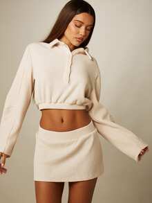 MISSGUIDED Waffle Knit Cropped Polo Top And Mini Skirt Co-Ord Two Piece Matching Set Fall Winter - Apricot - View 5