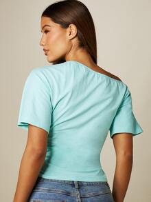 MISSGUIDED Off-Shoulder Cinched Crop Top With Short Sleeves Ruched Sides Summer Casual Streetwear - Mint Blue - View 2