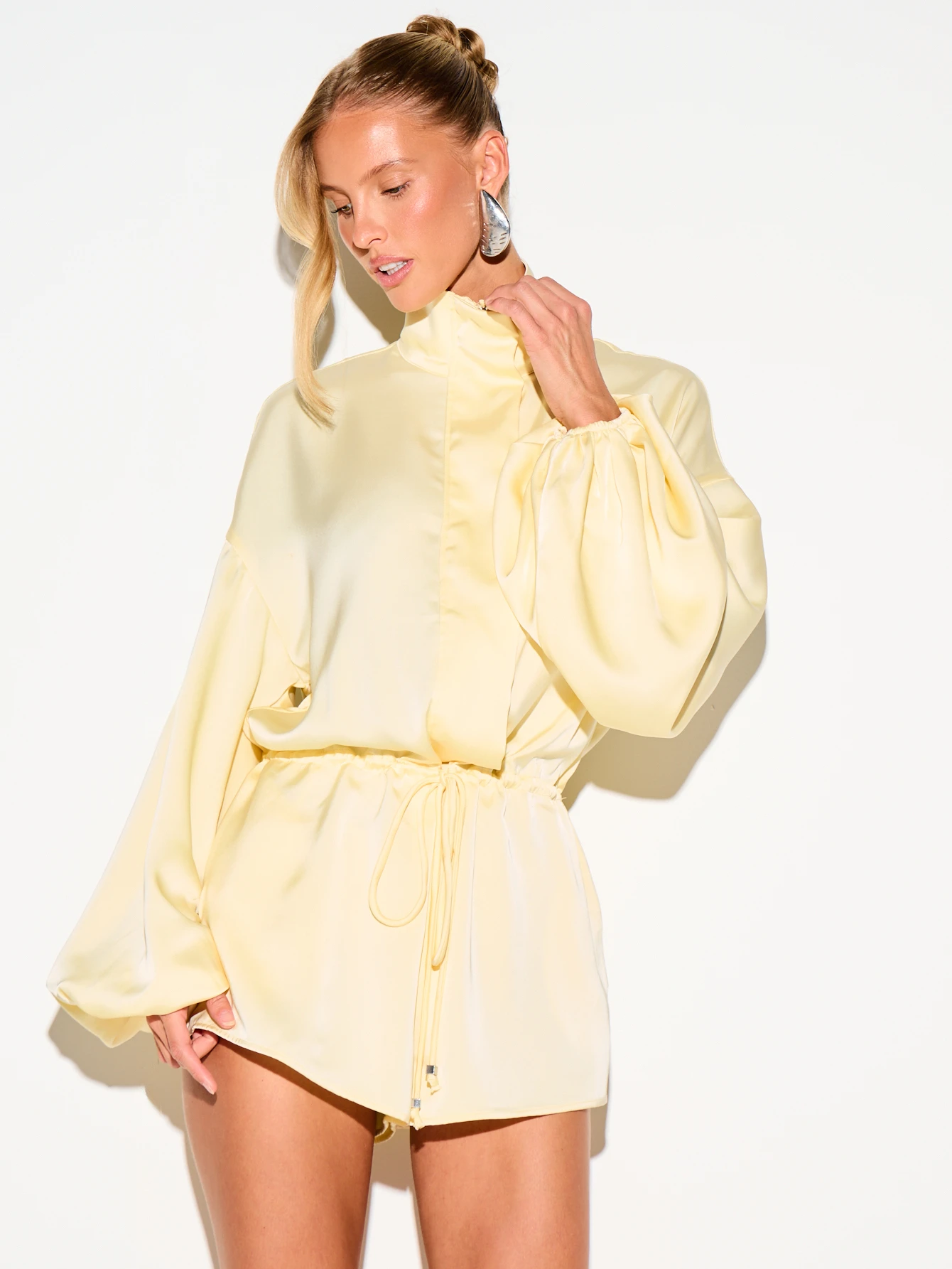 Satin Funnel Neck Romper With Balloon Sleeves