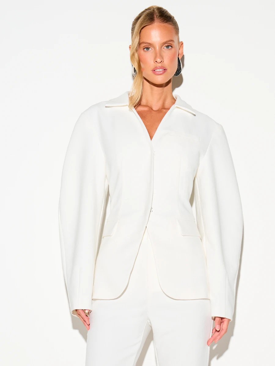 KIZN Blazer de cintura ceñida con detalle de cuello, chaqueta estructurada y entallada, frente abierto con solapa y bolsillos con solapa para oficina - Blanco - Ver 1