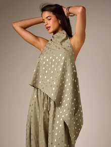 AiiRZ Gold Shimmer Polka Dot Co-Ord Set With Halter Neck Top And Balloon Harem Trouser Summer Party Two-Piece Outfit - Green - View 4