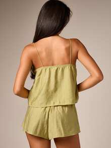 AiiRZ Satin Cami Top And Shorts Pajama Set With Ruched Neckline Tie Detail Summer Sleepwear Loungewear Two Piece - Green - View 3