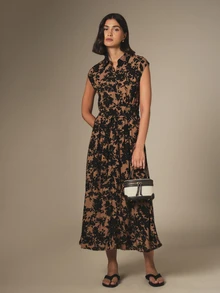 KSTM Vestido camisero midi con estampado floral, cuello, sin mangas, mangas cortas, cintura con cinturón, casual de verano, elegante francés, para uso diario, brunch, fiesta de té, marrón - Multicolor - Ver 3