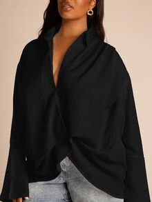FASHION SZN Camisa Plus Size com Gola, Frente Torcida e Toque de Linho, Estilo Elegante e Casual para Uso Diário, Trabalho, Viagem, Férias de Verão, Festival Boho, Ibiza, Look Chic Branco para City Break - Preto - Visão 4