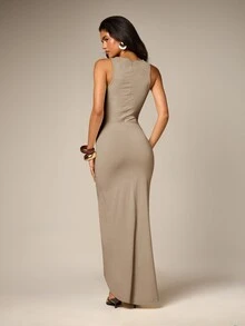 AiiRZ Ruffle Front Maxi Dress V-Neck Sleeveless Body-Con Slit Hem Elegant Evening Summer Party Dress - Beige - View 3