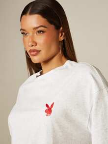 Missguided x Playboy Repeat Graphic Oversized Streetwear T-Shirt With Bunny Logo Front Print And Back Slogan Casual Tee Everyday Going Out Light Grey Summer - Light Grey - View 4