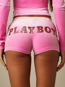 Missguided x Playboy Velvet Booty Shorts With Glitter Logo Back Print Mid Rise Hot Pants Summer Festival Style - Pink - View 1