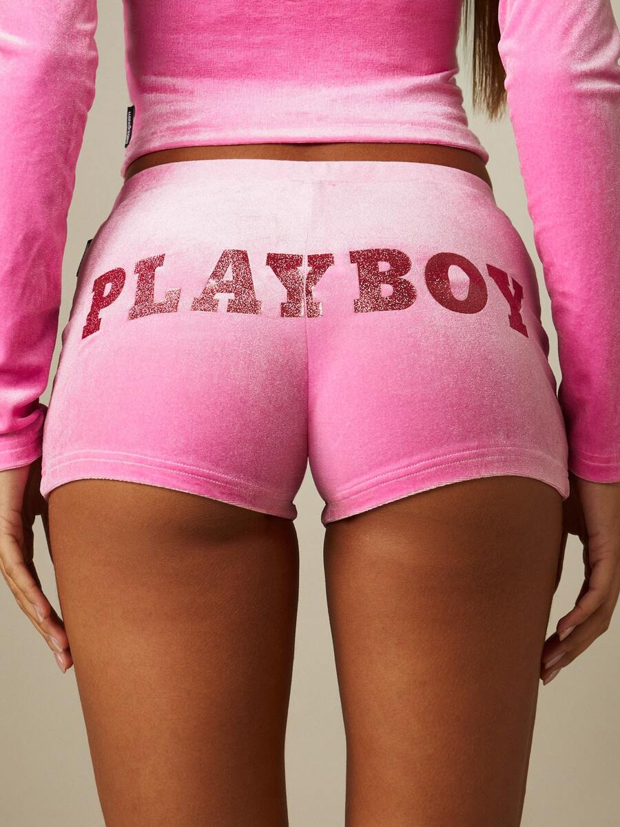 Missguided x Playboy Velvet Booty Shorts With Glitter Logo Back Print Mid Rise Hot Pants Summer Festival Style - Pink - View 1