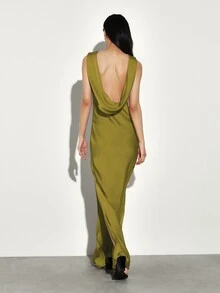 KSTM Draped Open Back Maxi Dress With Cowl Back Neckline And Side Slit Formal Evening Gown - Olive Green - View 7