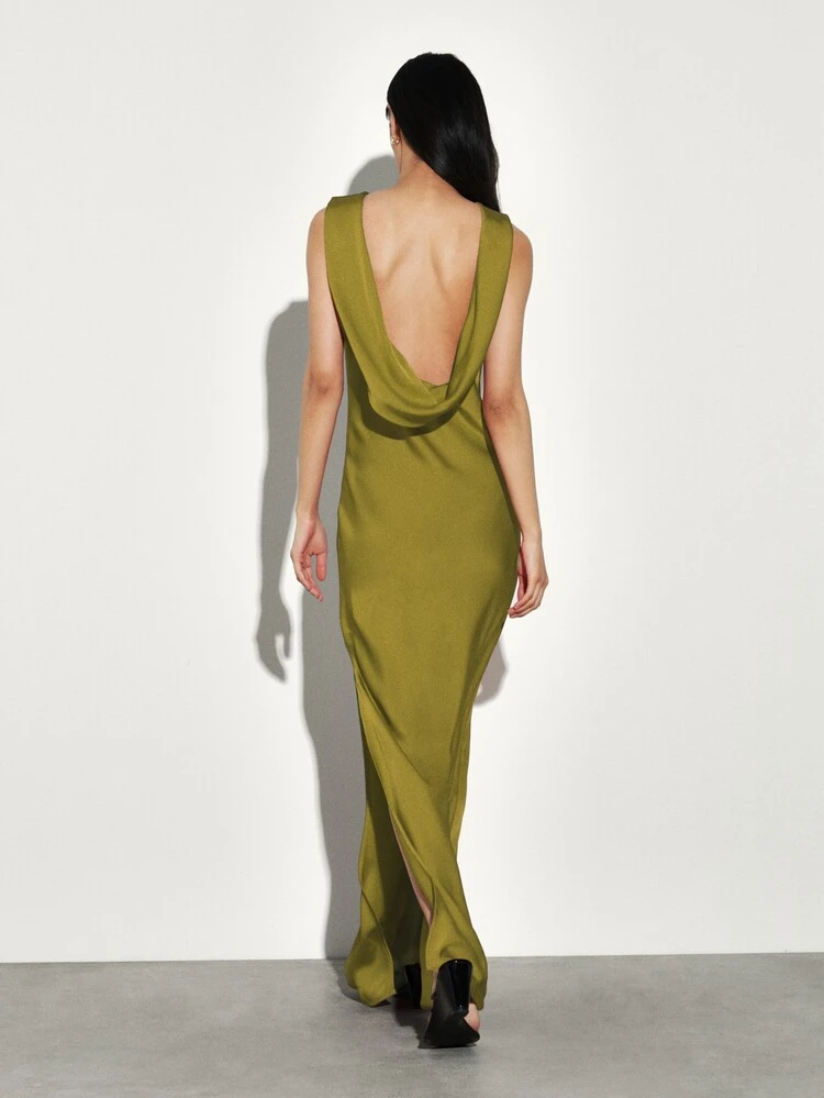 KSTM Draped Open Back Maxi Dress With Cowl Back Neckline And Side Slit Formal Evening Gown