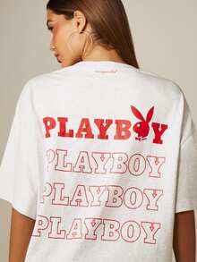 Missguided x Playboy Repeat Graphic Oversized Streetwear T-Shirt With Bunny Logo Front Print And Back Slogan Casual Tee Everyday Going Out Light Grey Summer - Light Grey - View 5