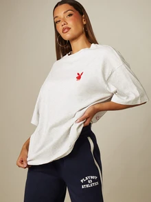 Missguided x Playboy Repeat Graphic Oversized Streetwear T-Shirt With Bunny Logo Front Print And Back Slogan Casual Tee Everyday Going Out Light Grey Summer - Light Grey - View 2