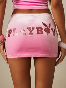 Missguided x Playboy Velvet Mini Skirt With Glitter Logo Print, Low Rise, Y2K Retro Festival Party Skirt - Pink - View 1