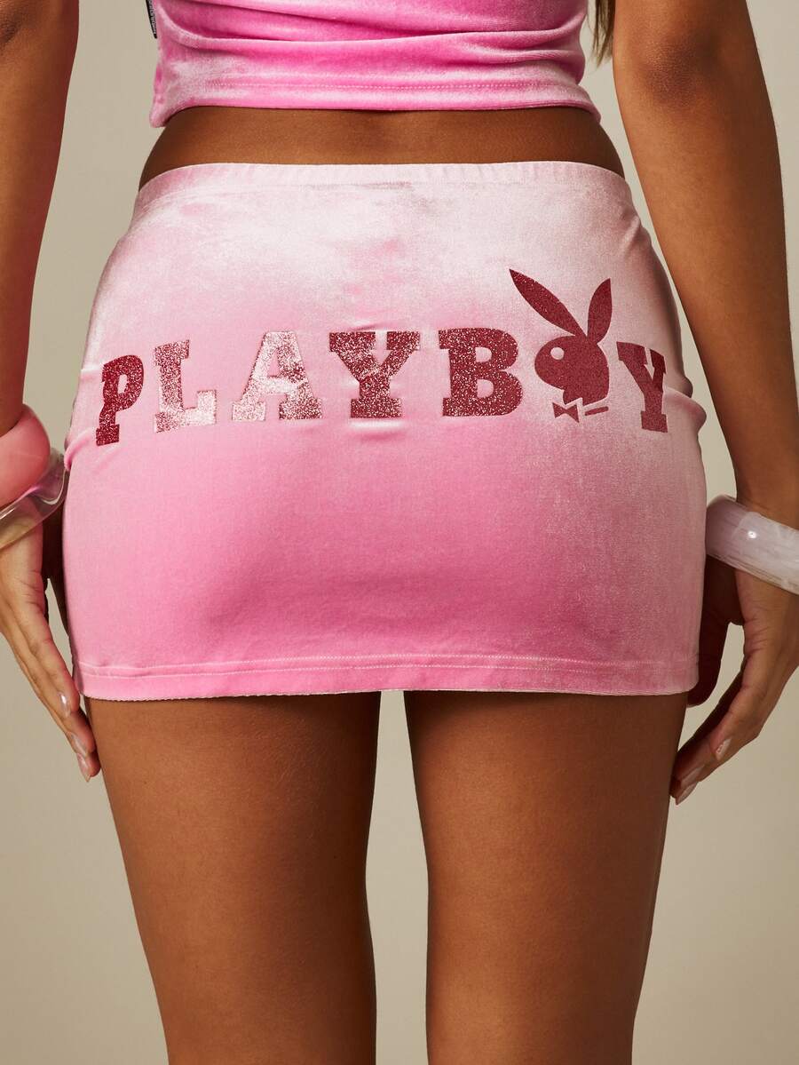 Missguided x Playboy Velvet Mini Skirt With Glitter Logo Print, Low Rise, Y2K Retro Festival Party Skirt - Pink - View 1