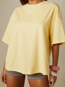 Missguided x Playboy Established 1953 Embossed Logo Oversized Boxy Crew Neck Short Sleeve Casual T-Shirt - Mustard Yellow - View 5