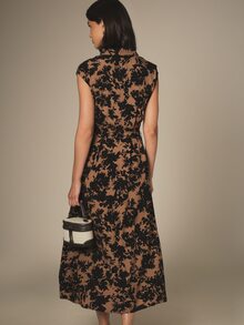 KSTM Vestido camisero midi con estampado floral, cuello, sin mangas, mangas cortas, cintura con cinturón, casual de verano, elegante francés, para uso diario, brunch, fiesta de té, marrón - Multicolor - Ver 2