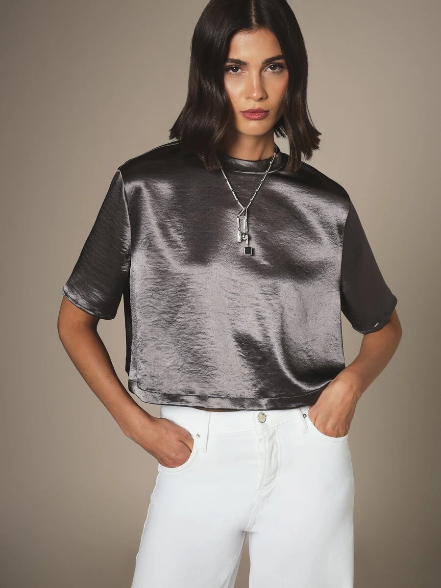 KSTM Satin Finish Cropped T-Shirt With High Neck Short Sleeve Boxy Cut Luxe Metallic Top - Grey - View 1