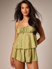 AiiRZ Satin Cami Top And Shorts Pajama Set With Ruched Neckline Tie Detail Summer Sleepwear Loungewear Two Piece - Green - View 1