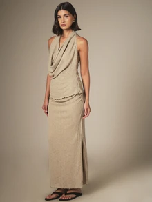 KSTM Ribbed Knit Maxi Skirt With Side Split And Ruched Detail Bodycon Pencil Style Elastic Waist - Khaki - View 2
