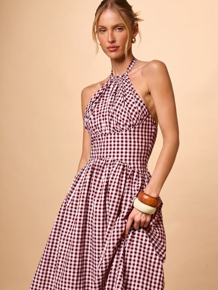 Gingham Halterneck Sleeveless Maxi Dress With Smocked Waist And Tie Detail Summer Casual Vacation Midi Length Backless Party Wedding Guest
