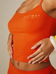 Missguided x Playboy Logo Crop Cami Top With Adjustable Spaghetti Straps And Scoop Neckline Summer Essential - Orange - View 2