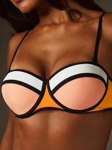 MISSGUIDED Color Block Underwire Bikini Set With Contrast Binding Spaghetti Straps Summer Beach Two-Piece Swimsuit - Orange - View 2