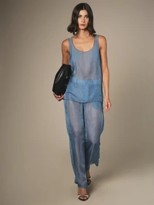 KSTM Sheer Chiffon Print Scoop Neck Sleeveless Tank Top Summer Casual Longline Cami - Blue - View 2
