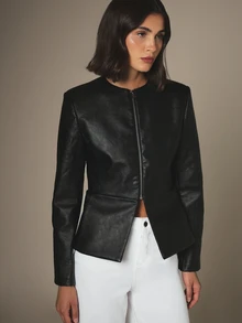 KSTM Faux Leather Zip-Up Structured Jacket With Collarless Neckline Peplum Hem Fall Winter Outerwear - Black - View 4