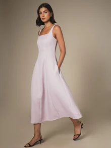 KSTM Square Neck Sleeveless Fit And Flare Midi Dress With Pockets Structured Bodice Elegant Spring Summer - Mauve Purple - View 2