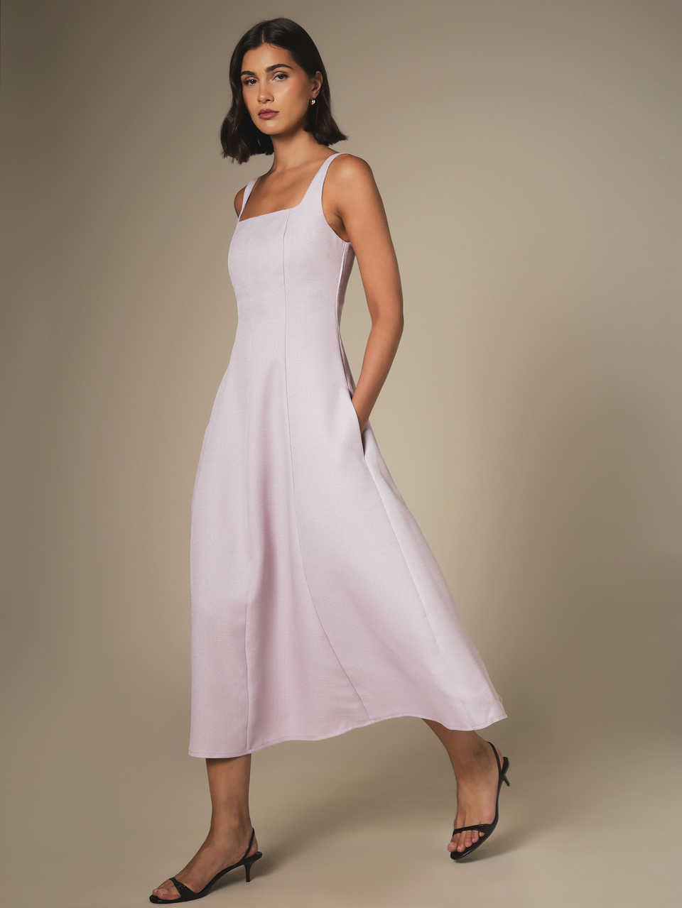 KSTM Square Neck Sleeveless Fit And Flare Midi Dress With Pockets Structured Bodice Elegant Spring Summer