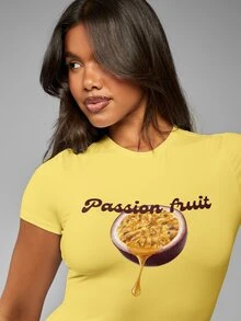 MISSGUIDED Passion Fruit Graphic Print Slim Fit Tee Crop Top Short Sleeve Round Neck Summer Casual T-Shirt - Yellow - View 4