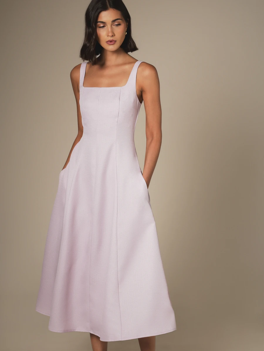 KSTM Square Neck Sleeveless Fit And Flare Midi Dress With Pockets Structured Bodice Elegant Spring Summer - Mauve Purple - View 1