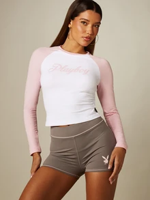 Missguided x Playboy Fitted Long Sleeve Raglan Crop Top With Chest Script Logo Print Crew Neck - Multicolor - View 1