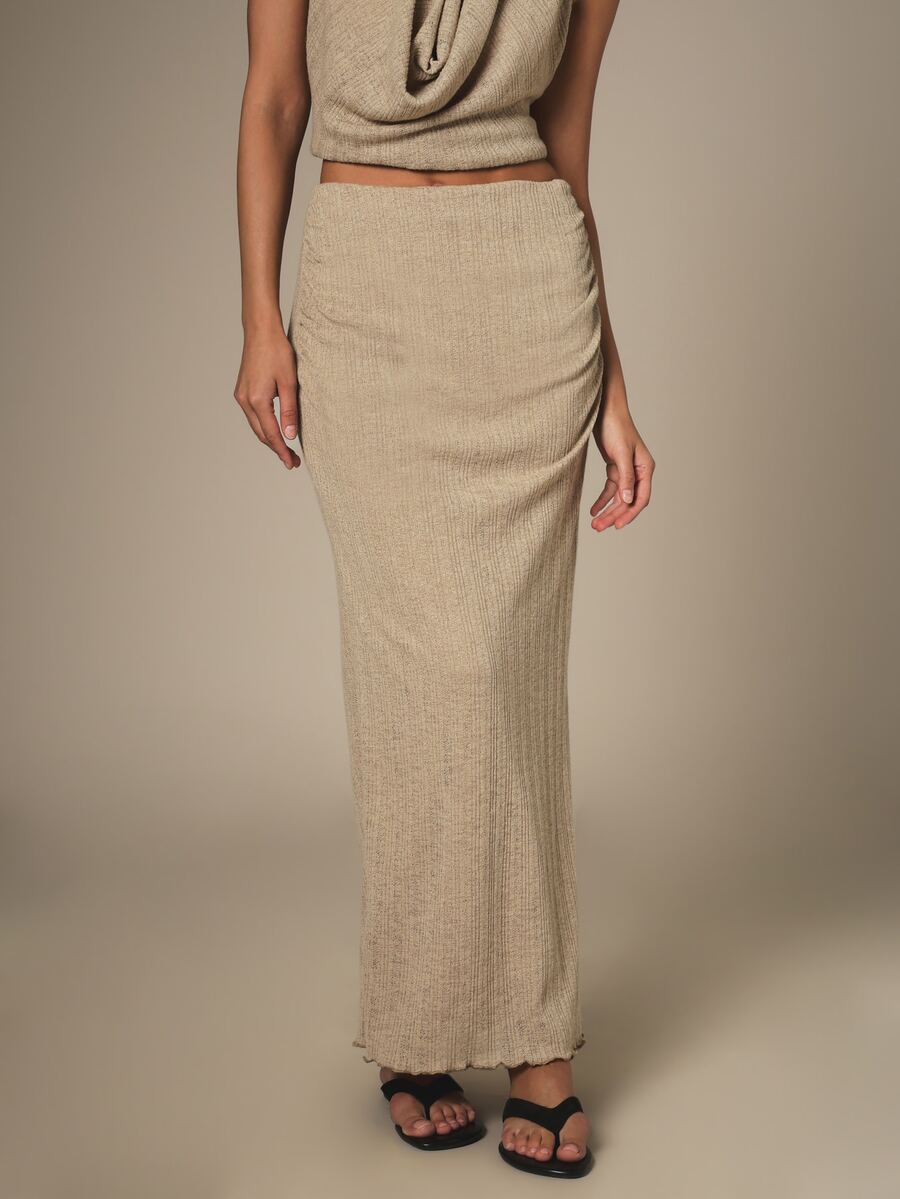 KSTM Ribbed Knit Maxi Skirt With Side Split And Ruched Detail Bodycon Pencil Style Elastic Waist - Khaki - View 1