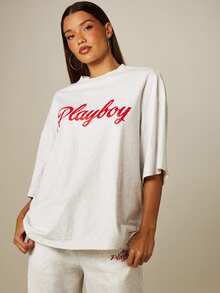 Missguided x Playboy Script Logo Oversized T-Shirt Drop Shoulder Crew Neck Casual Longline Tee Spring Summer - Grey - View 5