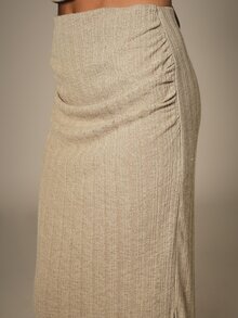 KSTM Ribbed Knit Maxi Skirt With Side Split And Ruched Detail Bodycon Pencil Style Elastic Waist - Khaki - View 4