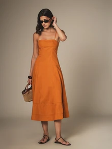 KSTM Strappy Square Neck Paneled Midi Dress With Tiered A-Line Skirt Summer Sundress - Orange - View 3