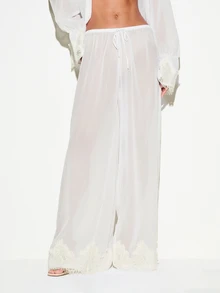 KIZN Sheer Lace Trim Wide Leg Nightwear Pants With Tie Waist Drawstring Palazzo Lounge Bottom - White - View 1