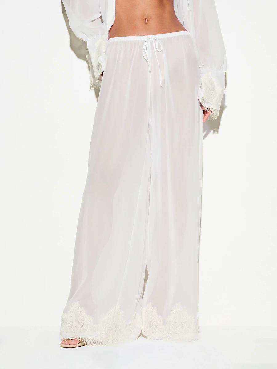 KIZN Sheer Lace Trim Wide Leg Nightwear Pants With Tie Waist Drawstring Palazzo Lounge Bottom - White - View 1
