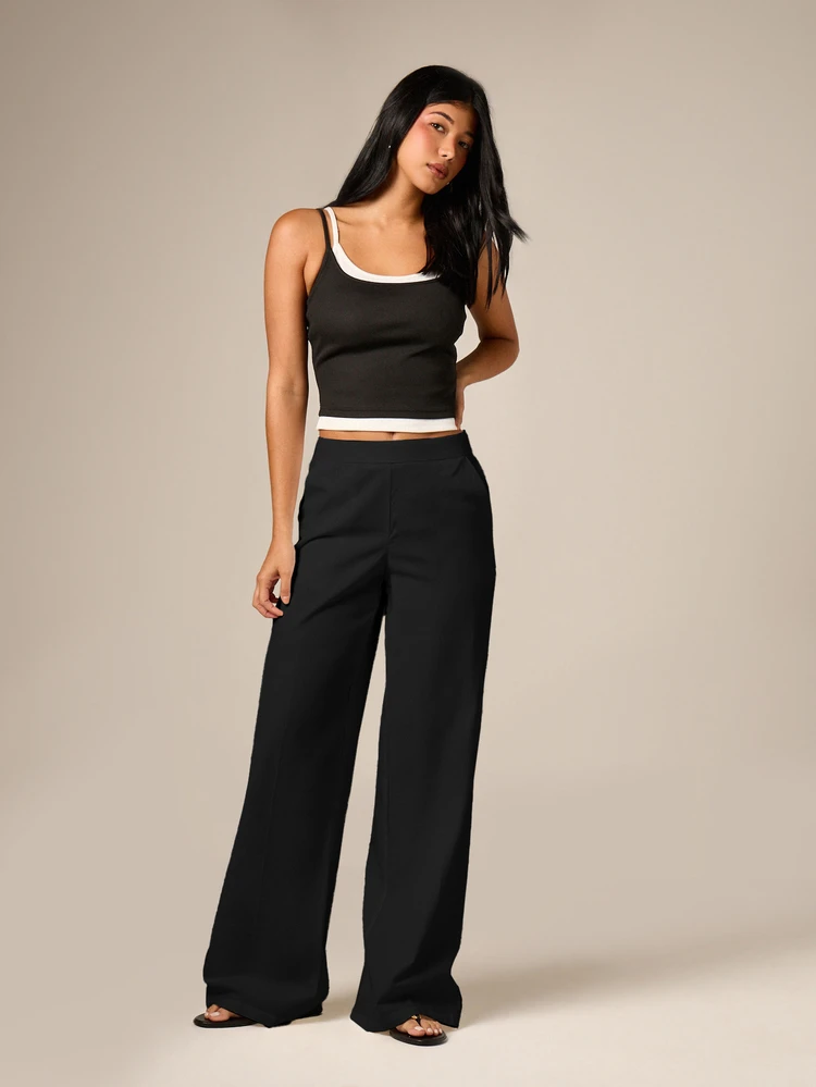 AiiRZ Wide Leg Linen Feel Tailored Trouser With Elastic Waistband High Waist Palazzo Pants For Office And Casual Wear