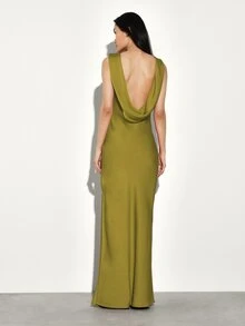 KSTM Draped Open Back Maxi Dress With Cowl Back Neckline And Side Slit Formal Evening Gown - Olive Green - View 2