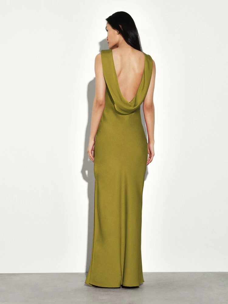 KSTM Draped Open Back Maxi Dress With Cowl Back Neckline And Side Slit Formal Evening Gown