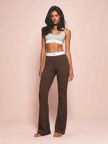 MISSGUIDED Ribbed Flare Lounge Pants With Branded Elastic Waistband Cozy Relaxed Fit Pull-On Style - Brown - View 4
