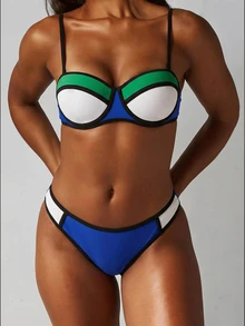 MISSGUIDED Set Bikini Berkawat dengan Blok Warna dan Tali Bahu Tipis, Garis Leher Bentuk Hati, Pakaian Renang Dua Potong untuk Musim Panas di Pantai - Biru - View 6